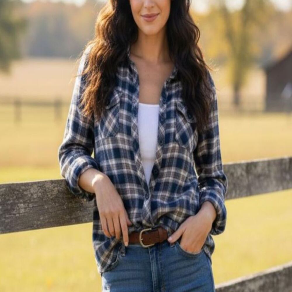 Sz Lg Womens Long Sleeve Tartan Plaid Button Front Shirt Blouse Top - Forever 21